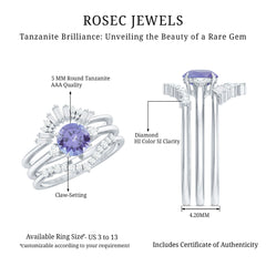 Vintage Style Tanzanite 3 Piece Bridal Ring Set with Diamond Enhancers