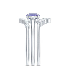 Vintage Style Tanzanite 3 Piece Bridal Ring Set with Diamond Enhancers