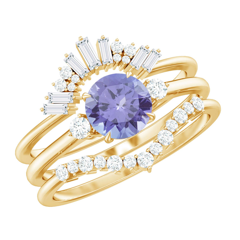Vintage Style Tanzanite 3 Piece Bridal Ring Set with Diamond Enhancers