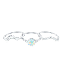 Natural Ethiopian Rainbow Opal Diamond Wedding Bridal Ring Set of 3