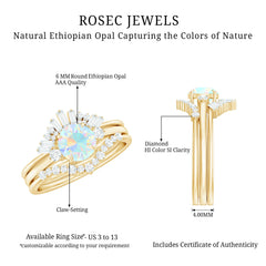 Natural Ethiopian Rainbow Opal Diamond Wedding Bridal Ring Set of 3
