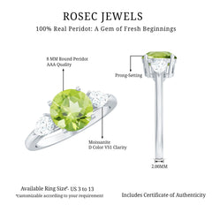 Certified Real 2 Carat Peridot Three Stone Engagement Ring with Moissanite
