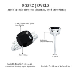 Cushion Cut Black Spinel Solitaire Engagement Ring with Moissanite