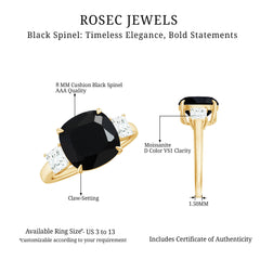 Cushion Cut Black Spinel Solitaire Engagement Ring with Moissanite