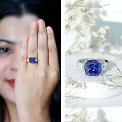 Certified 5.98 Carat Lab Grown Blue Sapphire Big Engagement Ring with Moissanite
