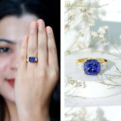Certified 5.98 Carat Lab Grown Blue Sapphire Big Engagement Ring with Moissanite