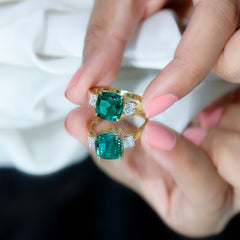 Lab Grown Emerald Cushion Engagement Ring with Moissanite