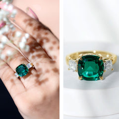 Lab Grown Emerald Cushion Engagement Ring with Moissanite