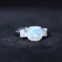 Genuine Cushion Cut Ethiopian Opal 3 Stone Engagement Ring with Moissanite