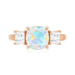Genuine Cushion Cut Ethiopian Opal 3 Stone Engagement Ring with Moissanite
