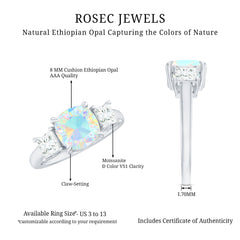 Genuine Cushion Cut Ethiopian Opal 3 Stone Engagement Ring with Moissanite