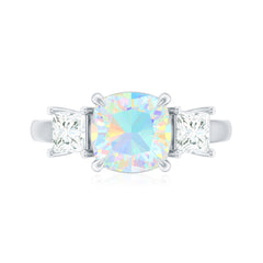 Genuine Cushion Cut Ethiopian Opal 3 Stone Engagement Ring with Moissanite