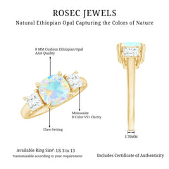 Genuine Cushion Cut Ethiopian Opal 3 Stone Engagement Ring with Moissanite