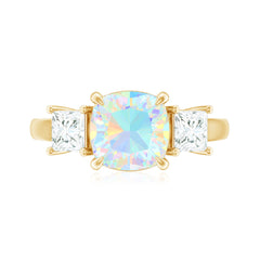 Genuine Cushion Cut Ethiopian Opal 3 Stone Engagement Ring with Moissanite