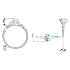 1 CT Oval Aquamarine Solitaire Engagement Ring with Diamond Side Stones