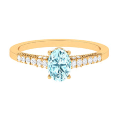 1 CT Oval Aquamarine Solitaire Engagement Ring with Diamond Side Stones