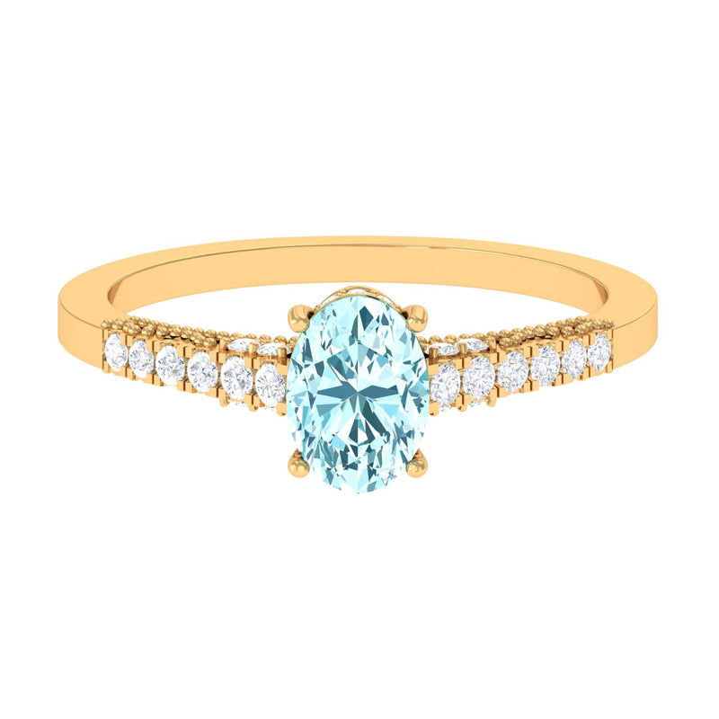 1 CT Oval Aquamarine Solitaire Engagement Ring with Diamond Side Stones