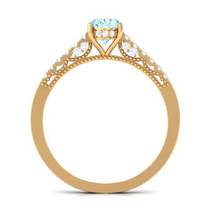 1 CT Oval Aquamarine Solitaire Engagement Ring with Diamond Side Stones