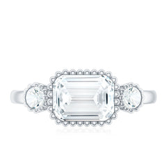 Emerald Cut Moissanite 3 Stone Engagement Ring in East West Style
