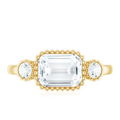 Emerald Cut Moissanite 3 Stone Engagement Ring in East West Style