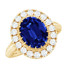 Certified 4 Carat Lab Grown Blue Sapphire Oval Engagement Ring with Diamond Halo