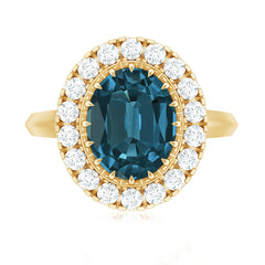 Genuine London Blue Topaz Statement Engagement Ring with Diamond