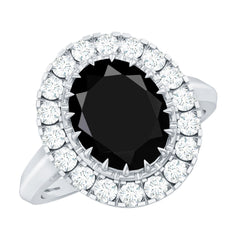 Oval Lab Grown Black Diamond and Moissanite Halo Engagement Ring