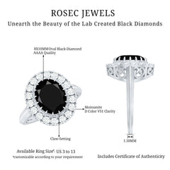 Oval Lab Grown Black Diamond and Moissanite Halo Engagement Ring