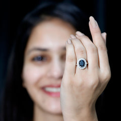 Oval Lab Grown Black Diamond and Moissanite Halo Engagement Ring