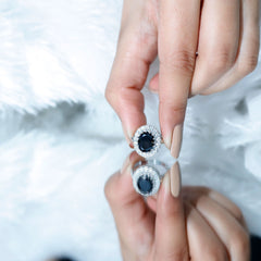 Oval Lab Grown Black Diamond and Moissanite Halo Engagement Ring