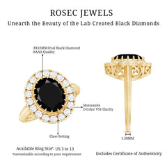 Oval Lab Grown Black Diamond and Moissanite Halo Engagement Ring