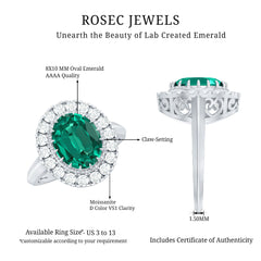 Certified 8X10 mm Oval Lab Grown Emerald Vintage Looking Engagement Ring with Halo