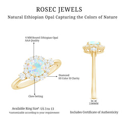 Classic Ethiopian Rainbow Opal Engagement Ring with Diamond Halo