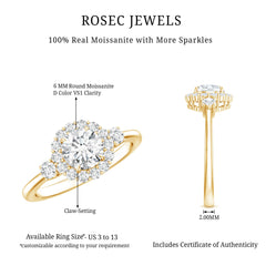 Round Cut Moissanite Halo Engagement Ring with Certificate