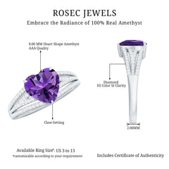 Heart Shape Solitaire Amethyst Designer Engagement Ring with Diamond