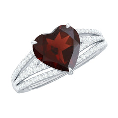 Natural 8mm Garnet Heart Engagement Ring with Diamond Split Shank