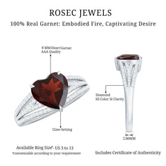 Natural 8mm Garnet Heart Engagement Ring with Diamond Split Shank