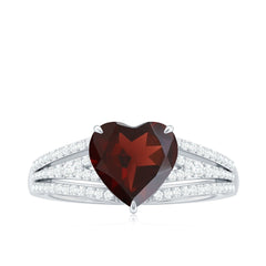 Natural 8mm Garnet Heart Engagement Ring with Diamond Split Shank