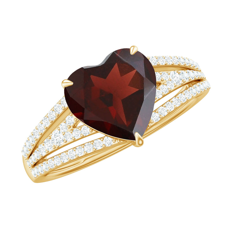 Natural 8mm Garnet Heart Engagement Ring with Diamond Split Shank