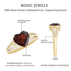 Natural 8mm Garnet Heart Engagement Ring with Diamond Split Shank