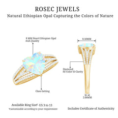 Designer Ethiopian Opal Heart Engagement Ring with Diamond Split Shank