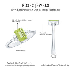 Emerald Cut Peridot Engagement Ring with Diamond Trio