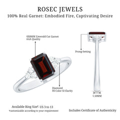 Natural Garnet Emerald Cut Engagement Ring with Diamond Trio