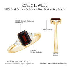 Natural Garnet Emerald Cut Engagement Ring with Diamond Trio