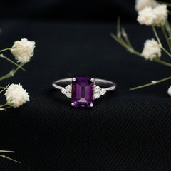 1.5 CT Octagon Cut Amethyst Engagement Ring with Diamond Trio