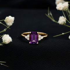 1.5 CT Octagon Cut Amethyst Engagement Ring with Diamond Trio