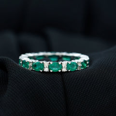 Oval Cut Real Emerald Eternity Band Ring with Diamond