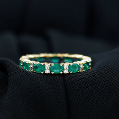 Oval Cut Real Emerald Eternity Band Ring with Diamond
