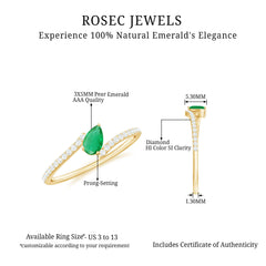 Pear Shaped Emerald and Diamond Promise Ring in Bypass Shank