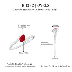 Tilted Pear Shape Ruby and Diamond Bypass Promise Ring